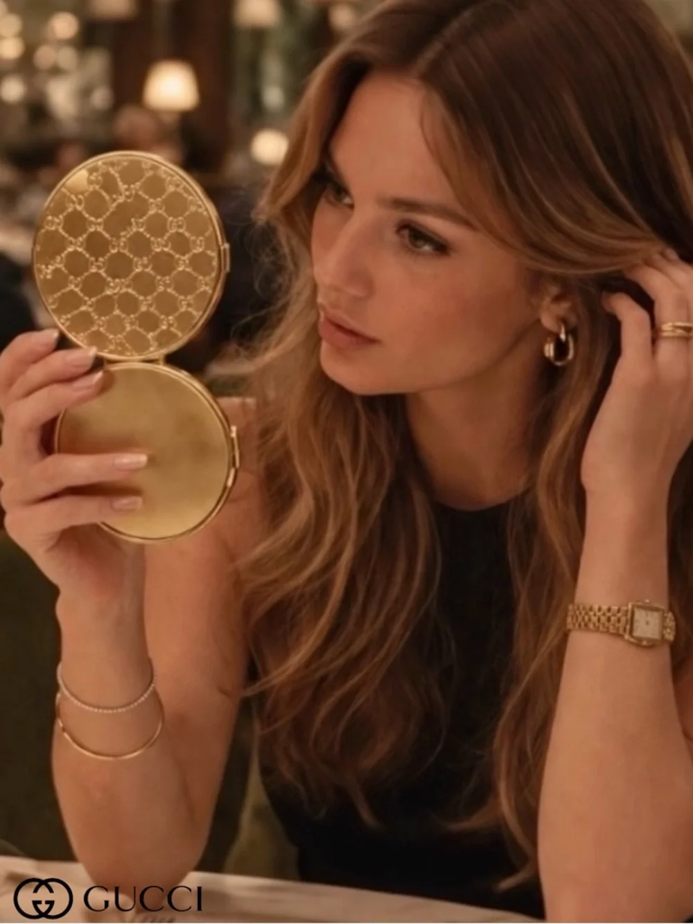 Authentic Gucci Gold Compact Powder Mirror with Signature Motif